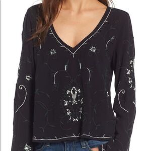 hinge Black V-Neck Long Sleeve Embroidered Blouse